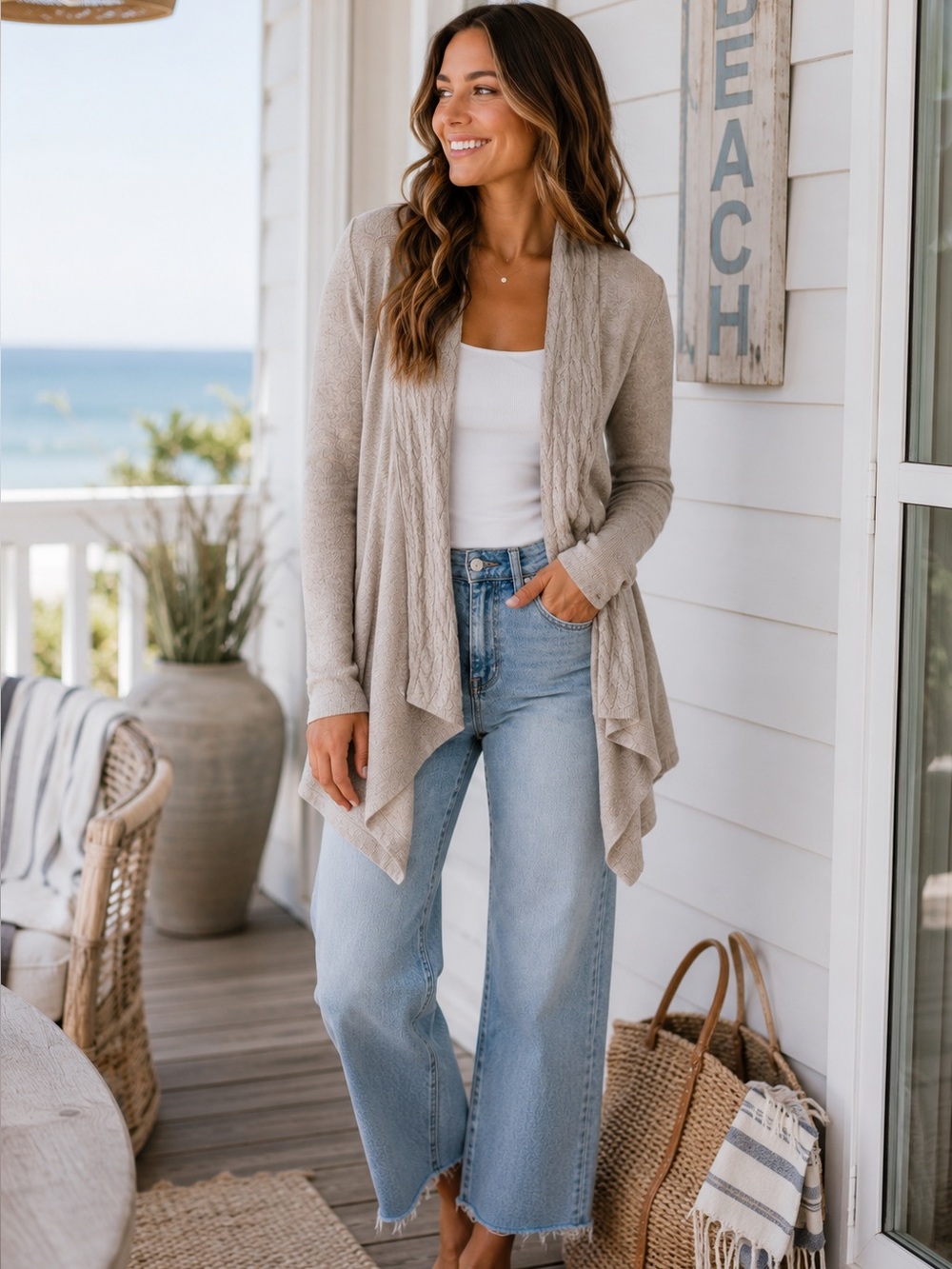 Cortland Park Gray Cashmere Open Front Cable Knit Cardigan Size M